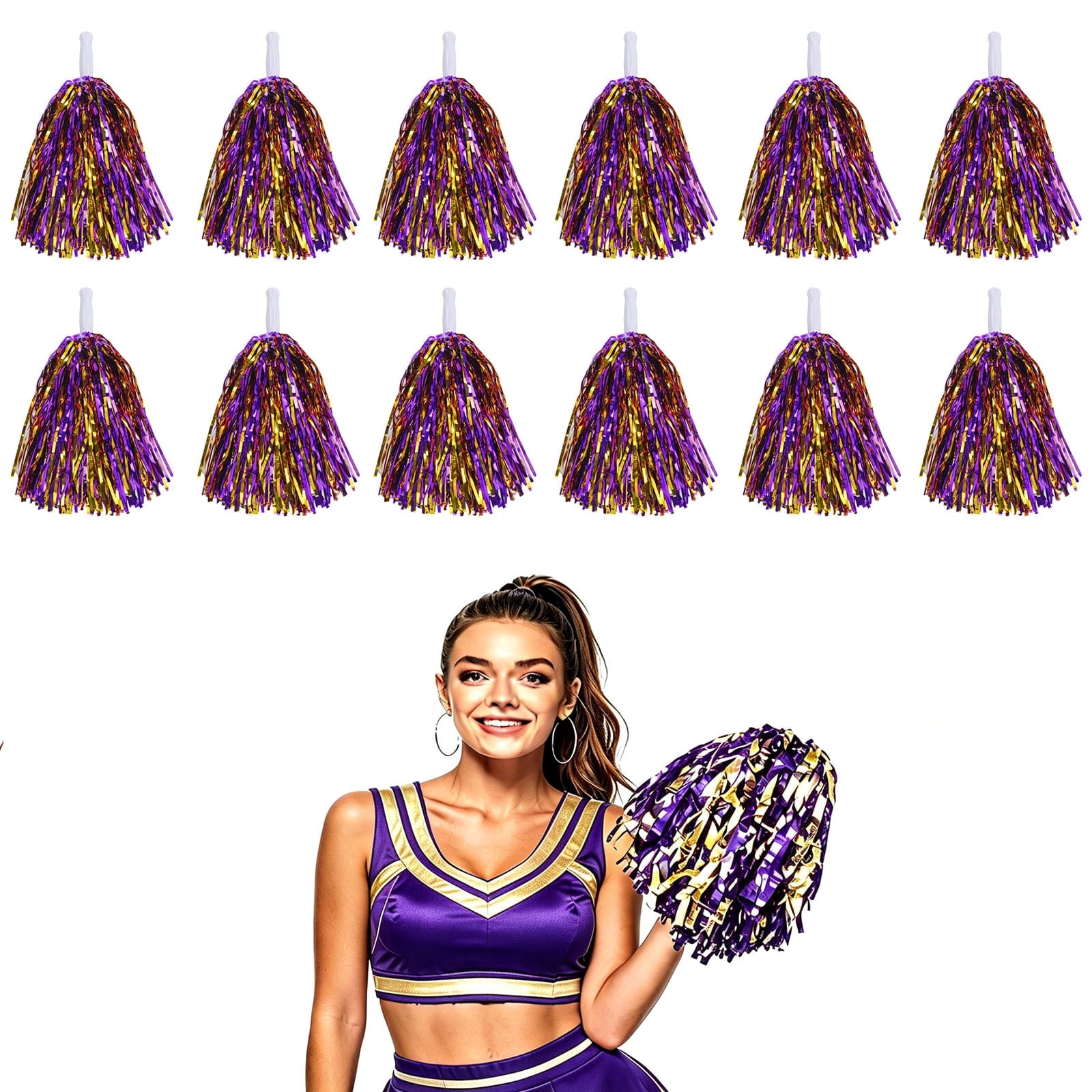 12-Pack Cheerleading Pom Poms, Metallic  Pom Poms Bulk with Handles, Plastic Sports Pom Poms for Cheerleading, Dance & Parties