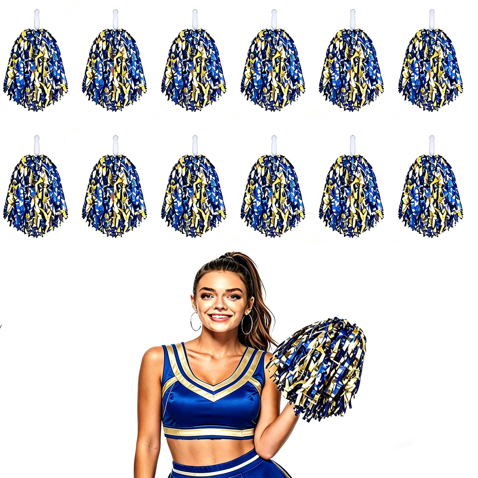 12-Pack Cheerleading Pom Poms, Metallic  Pom Poms Bulk with Handles, Plastic Sports Pom Poms for Cheerleading, Dance & Parties
