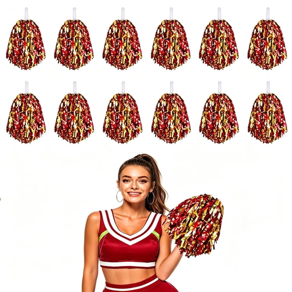 12-Pack Cheerleading Pom Poms, Metallic Pom Poms Bulk with Handles, Plastic Sports Pom Poms for Cheerleading, Dance & Parties