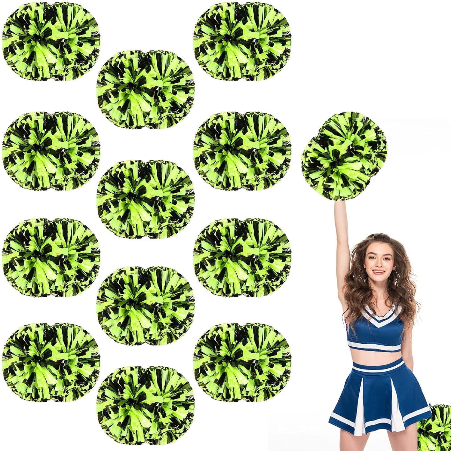 12 Pack Cheerleading pom poms,Handheld Cheer pom poms, Sports Cheer Plastic Pom Poms Cheerleading for Sports Team Spirit Cheering (Black+Green)