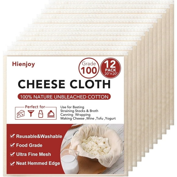 12-Pack Cheesecloth, Precut 20x20 In, Hemmed 4 Edges, Grade 100 Ultra Fine 100% Unbleached Cotton Cheesecloth for Cheese Making, Straining Cloths for Nut Milk, Yogurt, Juicing, Filter