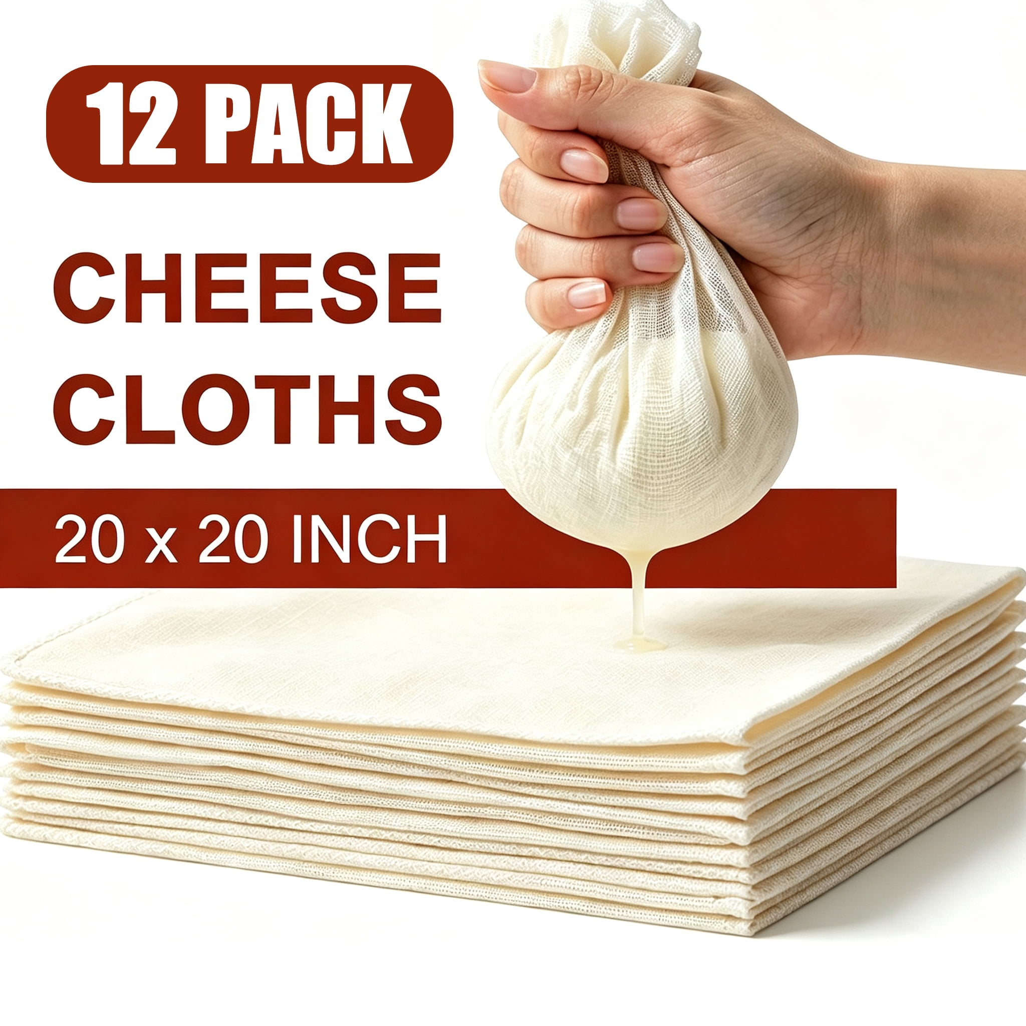 20x20 Inch Cheesecloth, 12 Pack Reusable Unbleached Cotton Muslin Cloth, Food Strainer Cloth for Cooking Nut Milk & Cheese Making