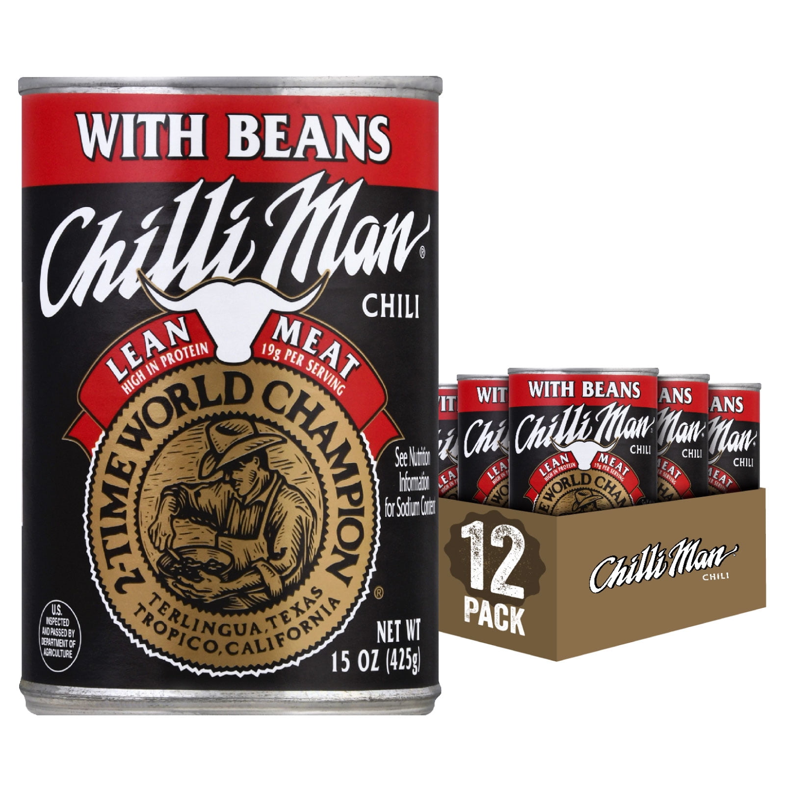(12 Pack) Chilli Man Canned Chili With Beans, Lean Beef, 15 ounce can