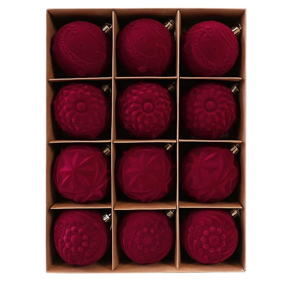 12 Pack Christmas Ball Ornaments, Wine Red Flocked Velvet Spheres, for Christmas Tree Mantel and Holiday Decor, 3.15 in