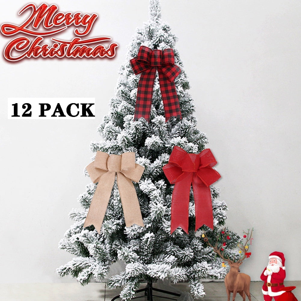 12 Pack Christmas Bows Big Christmas Bows Christmas Wreath Ribbon Bows Tree Bows Decor Burlap Bows Decor Christmas New Year Ornaments, 9.5x6.5 in