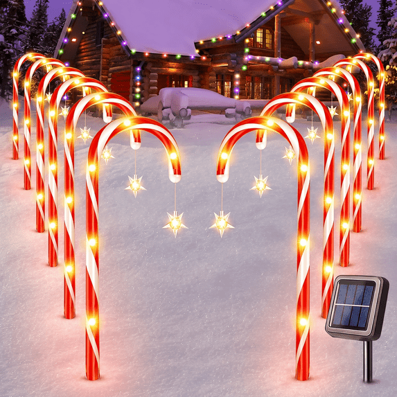 12 Pack Christmas Candy Cane Pathway Solar Garden Lights, 8 Lighting Modes Perfect for Outdoor Patios, Walkways, and Holiday Celebrations, Xmas Decorations