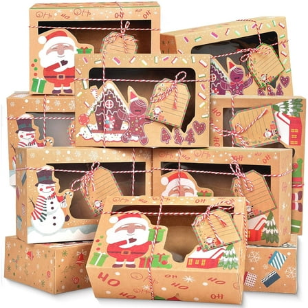 12 Pack Christmas Cookie Boxes Large Holiday Bakery Gift Boxes with Window and Tags, Kraft Cupcake Boxes, Food Packaging Containers for Gift Giving, Christmas Party Favor