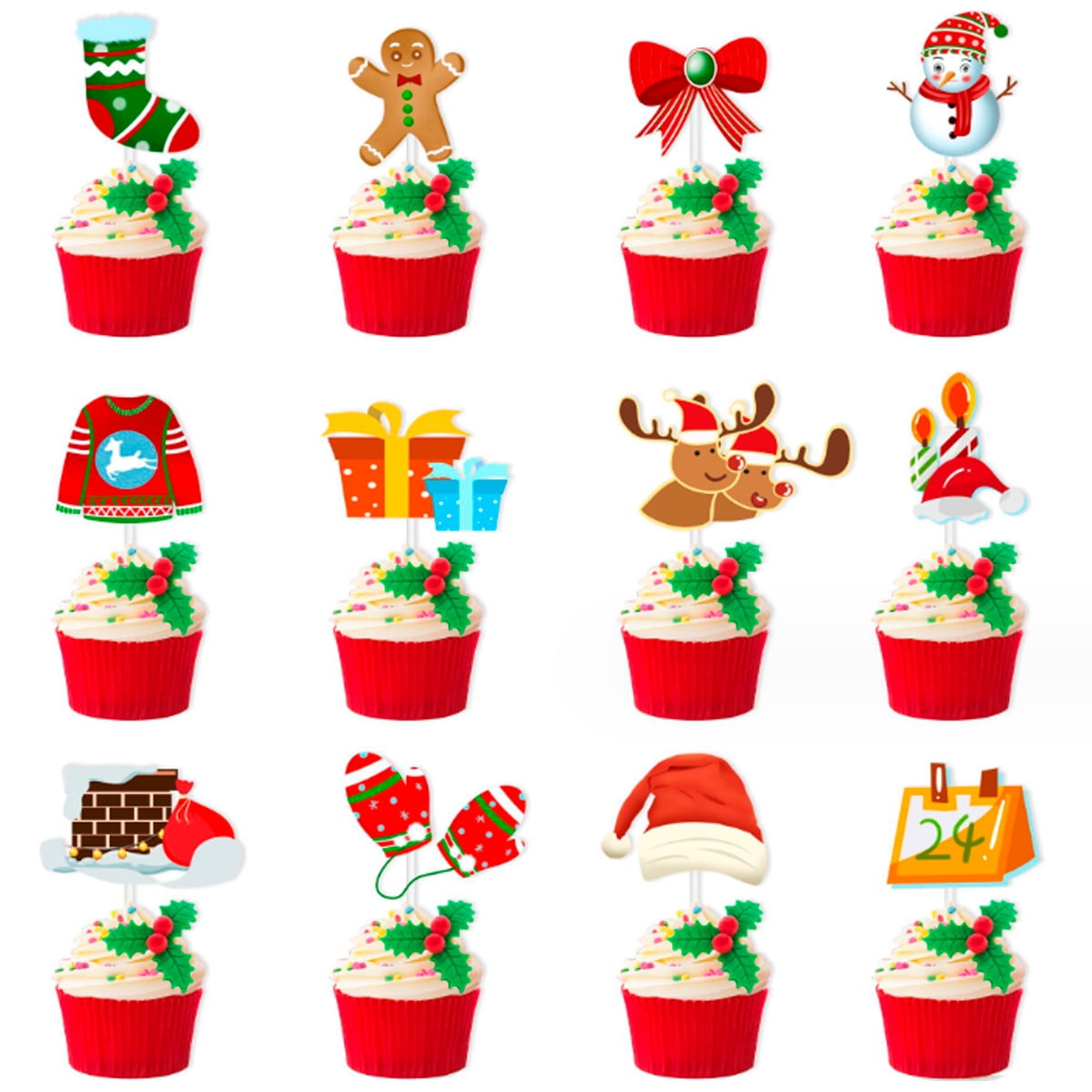 12 Pack Christmas Cupcake Toppers, Cupcake Cake Decorations for Merry