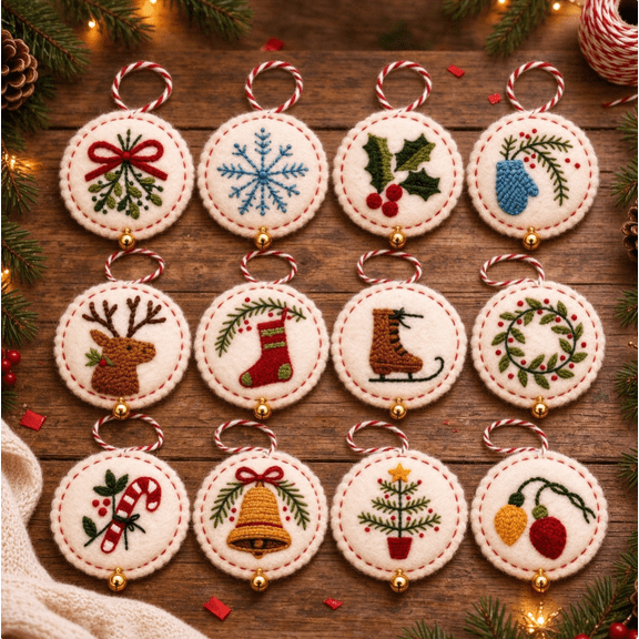 12 Pack Christmas Embroidery Kit, Embroidery Starter Kit, Cross Stitch Kits with Pre-Printed Embroidery Fabric, Threads, Needles and Bells for Beginner Christmas ornaments,D Style