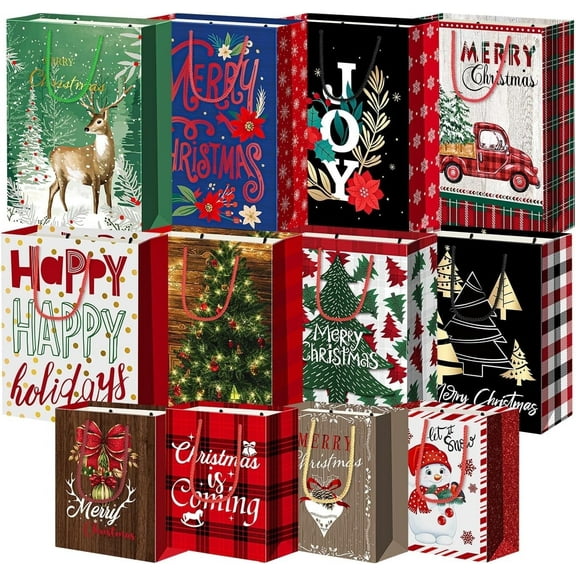 12 Pack Large Christmas Paper Bags Bulk with Handles, Kraft Christmas Gift Bags Big Size, Holiday Gift Bags for Wrapping Xmas Presents 12.8×6.7×9.8 Inches