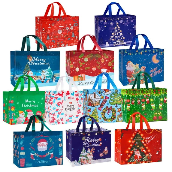 12 Pack Christmas Gift Bags Large Reusable Tote Bags, Non-Wove Bags for New Year's Shopping, Christmas Surprise, Xmas Party Supplies,12.8"×9.8"×6.7"