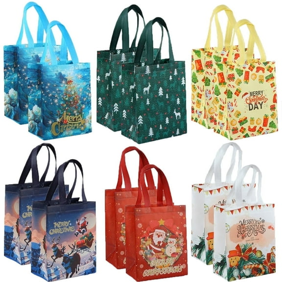 12 pack Christmas Bags for Gifts,10"x8"x5" Reusable Non-Woven Christmas Tote Bags with Handles for Holiday Xmas Party