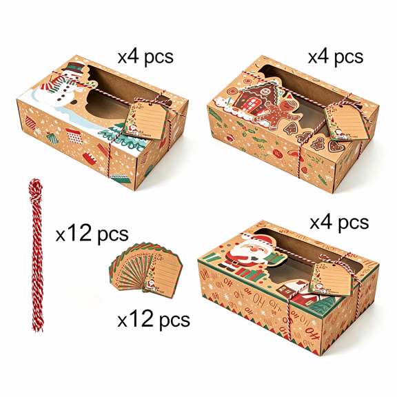 12 Pack Christmas Kraft Paper Cookie Box, Christmas Chocolate Candy Box, Cartoon Creative Window Gingerbread Box