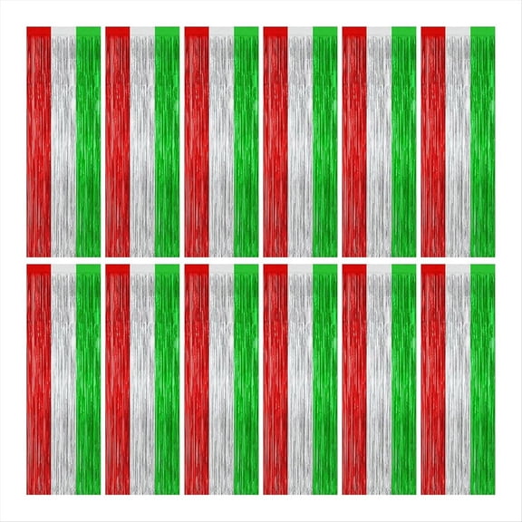 12 Pack Christmas Party Backdrop,78.74 X 39.37 Inch Foil Streamer,Fringe Curtain Streamer,Hanging Christmas Decor,12 * Christmas Party Backdrop kit,Red & Silver & Green