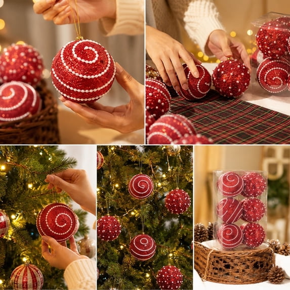 12 Pack Christmas Pearl Ball Ornaments - 2.36" Red Glittered Baubles for Tree Holiday Party Decor