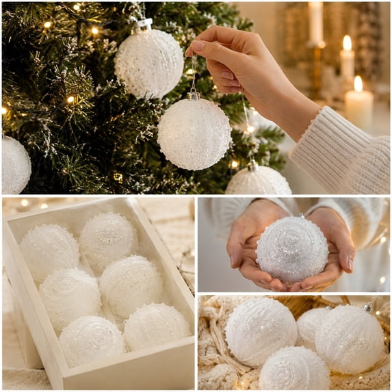 12 Pack Christmas Pearl Ball Ornaments - 2.36" White Glittered Baubles for Tree Holiday Party Decor