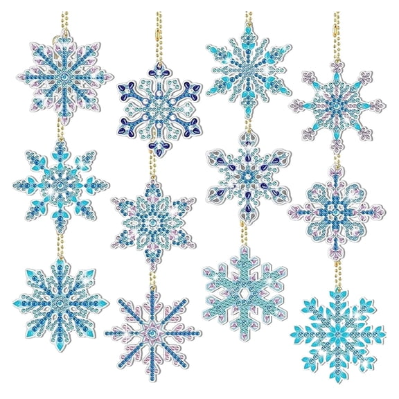 12-Pack Christmas Snowflake Diamond Art Kit – Hanging Ornament Craft with Double-Sided Gems, Wind Chime Tags for Xmas Tree Decor, DIY Holiday Activity for Beginners & Families