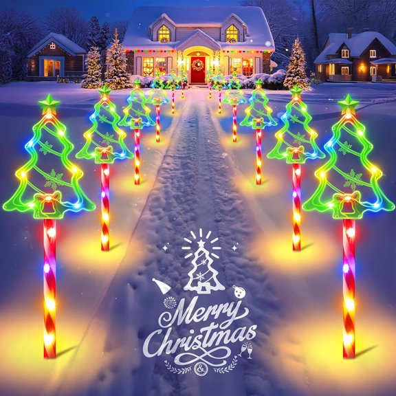 12 Pack Christmas Solar Pathway Lights Outdoor Decorations, 10 Modes Christmas Tree Candy Stake Lights with 156 Colorful LEDs, 29.5 FT Waterproof Solar Xmas Decor for Walkway Yard Lawn Porch Holiday