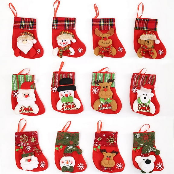 12 Pack Christmas Stockings, Xmas Stockings Decoration, 3D Plush Socks Gift Bags for Kids Decor Home Ornament Holiday Party Supplies, Burlap Style with Santa, Snowman and Deer