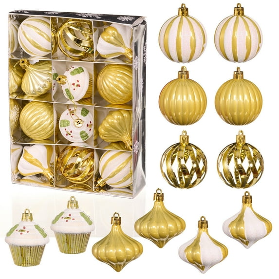 12-Pack Christmas Tree Ornaments, 236-Inch Shatterproof Plastic Hanging Baubles for Holiday Home Party Decor, Festive Bulb Decorations for Indoor Tree and Display(Gold)