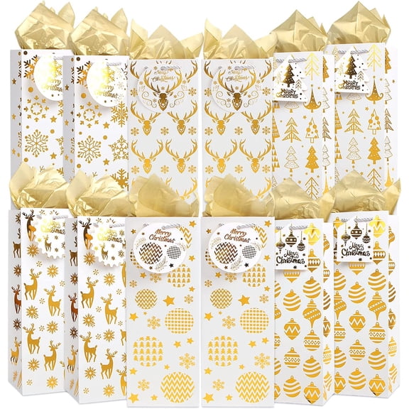12 Pack Christmas Wine Gift Bags, Gold Foil Wine Bottle Bags with Tissue Paper and Name Tags Xmas Paper Bags for Christmas Winter Holiday Wedding Home Party