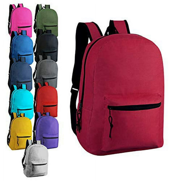 12 Pack Classic 15 Inch Basic Wholesale Backpacks in 12 Randomly Assorted Colors Bulk Bookbags