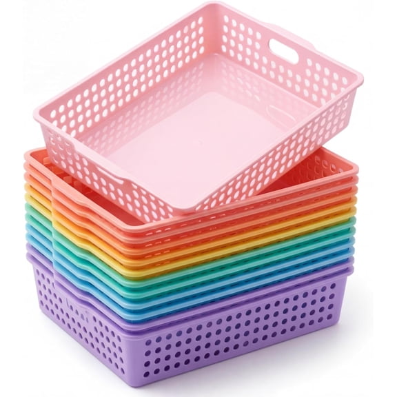 12 Pack Classroom Storage Baskets with Handle 14 x 10 Inch Paper Tray for A4 Turn In Pastel Color