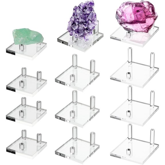 12 Pack Clear Acrylic Display Three Peg Square Display Easel Holder for Fossil Crystal Mineral Agate Small Collectibles, Small Medium Large