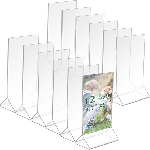12 Pack Clear Acrylic Photo Frame Double Sided Picture or Display Plastic Sign Holder Menu Holders for Tables T Shape Desktop Display Stand for Office Store Restaurant (3.5x5 Inch)