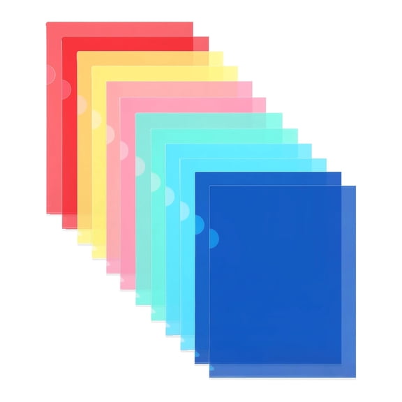 12 Pack Clear Document Folders, Plastic Transparent Project Pockets with L-Type Design for Letter Size Sheets, Copy Safe File Organizers for Office Home Use, Multicolor