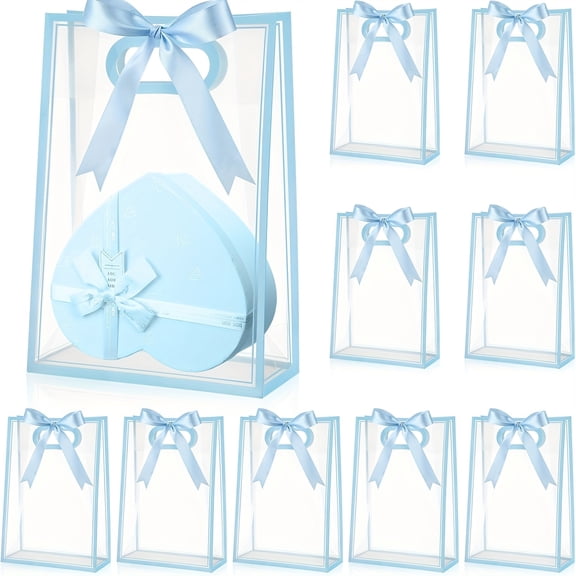 12-Pack Clear Gift Bags, Clear Plastic Gift Bags With Ribbon Handles, 7x10 Inch PP Transparent Reusable Bags, Pink And Blue Gift Bags For Baby Shower, Wedding, Party Favor