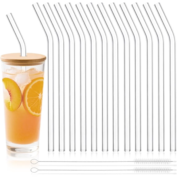 12 Pack Clear Glass Straws with 2 Cleaning Brushes, Glass Straws Shatter Resistant, Bent Drinking Straws 9" x 10 MM for Smoothies, Milkshakes, , Juice, Iced Coffee