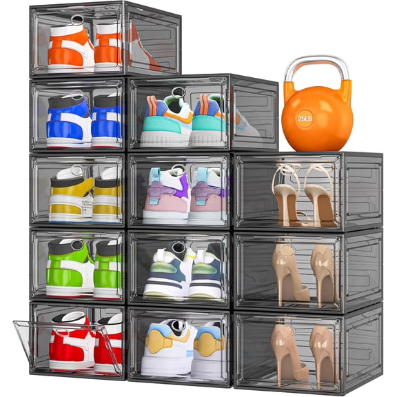 12 Pack Clear Magnetic Stackable Foldable Plastic Shoe Storage Boxes for Sneakers, Boots, Heels, Space-Saving Durable Organizer, Black