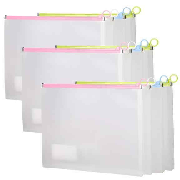 12 Pack Clear PVC Document Pouches, A4 Size 9.8 x13 Inches, Water-Resistant, Includes 4 Color Options - White, Blue, Green, Pink, Zipper Closure, Ideal for File and Small Item Storage