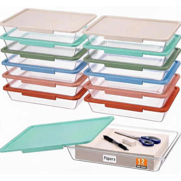 12 Pack Clear Paper Storage Bins with Latching Lids Stackable Letter Size Flat Tray Container in Boho Colors