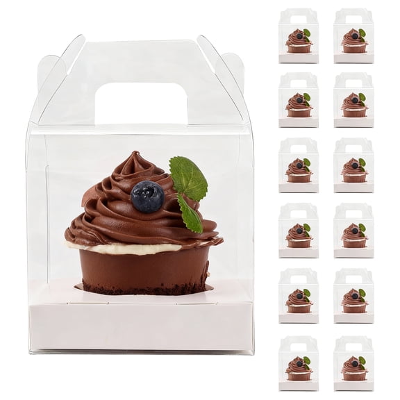 12-Pack Clear Plastic Cupcake Containers with Handle and Inserts, Individual Single Dessert Favor Boxes for Parties Bakery