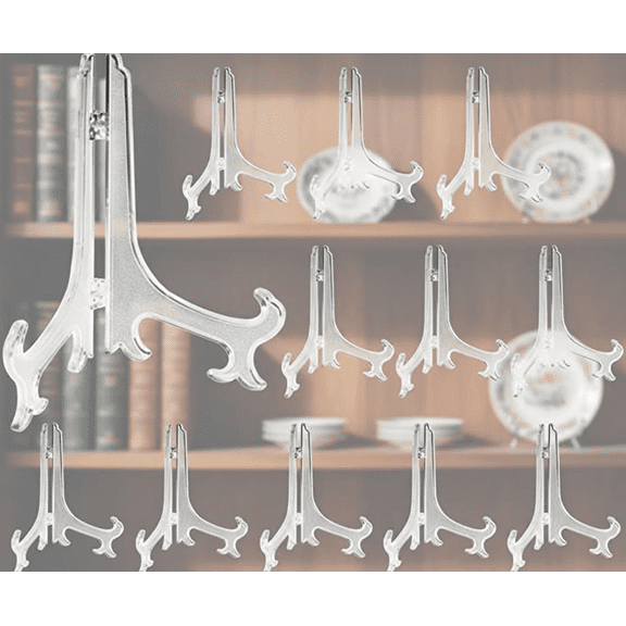 12-Pack Clear Plastic Easels for Displaying Photos, Plates, and Decor at Weddings, Birthdays, and Home Table Settings