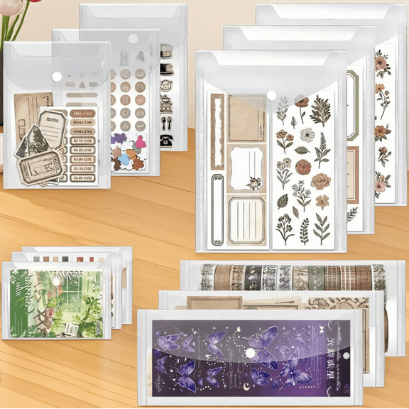 12 Pack Clear Plastic Envelopes with Snap Closure, Mixed Sizes, Waterproof PVC Pouches for Sticker, Scrapbooking, Card and Storage