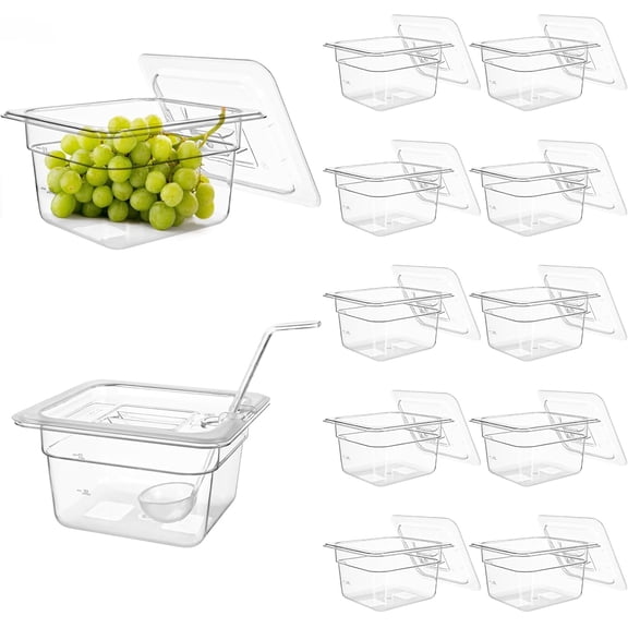 12 Pack Clear Plastic Food Pan with Lids 1/6 Size 4 Inch Deep Stackable Polycarbonate Storage Container with Spoon