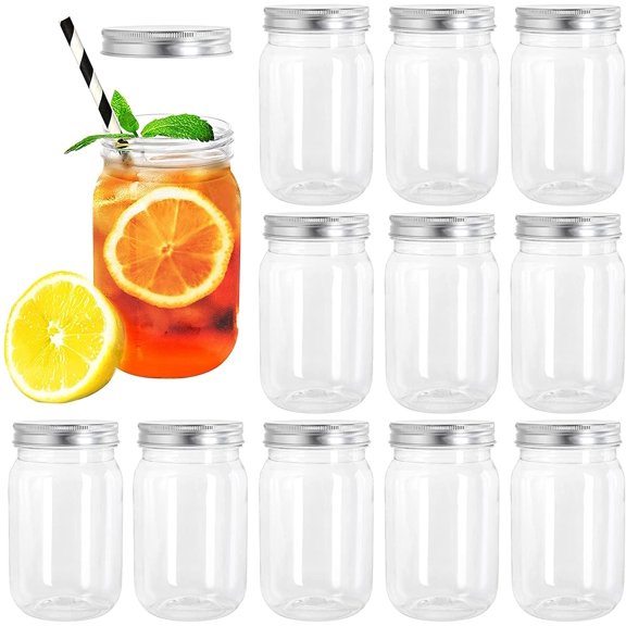 12 Pack Clear Plastic Mason Jars with One Piece Lids, 16OZ Mason Cocktail Cup Shatterproof Drinking Jar, Refillable Empty Slime Storage Containers for Overnight Oats, Honey, Spices and Herbs