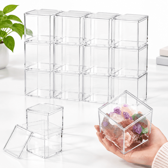 12-Pack Clear Plastic Square Storage Boxes, 4 x 4 x 4 Inches