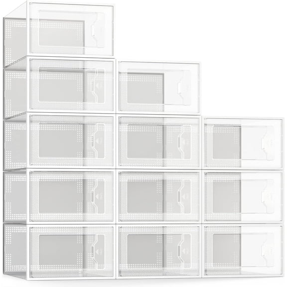 12 Pack Clear Plastic Stackable Foldable Shoe Storage Box, 13.1" L x 9" W x 5.5" H, Transparent with Snap Closure