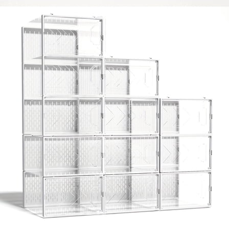 12-Pack Clear Plastic Stackable Storage Boxes - Shoe Organizer for Closet, Sneaker & Toy Storage Bins - Space Saving for Living Room, Entryway, Under Bed, Office - Black/White