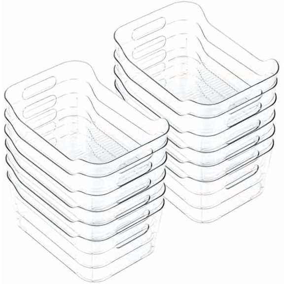 12 Pack Clear Plastic Storage Bins, Acrylic Organizer and Containers with Handle for Pantry, Cabinet, Closet, Refrigerator, Freezer, Bathroom, Kitchen Under Sink Storage