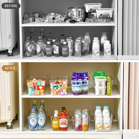 12 Pack Clear Plastic Storage Bins with Handles, Pantry Cabinet Organizer for Fridge, Kitchen, and Closet