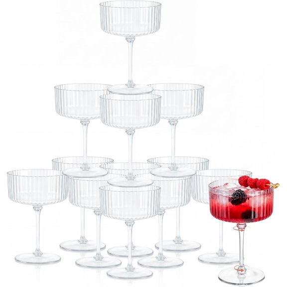 12 Pack Clear Ribbed Plastic Martini Glasses, 10oz Disposable Coupe Glasses | Detachable Ribbed Coupe Cups, Heavy Duty Plastic, Vintage Cocktails Champagne Glasses Cups, Dessert Cup for Wedding Party
