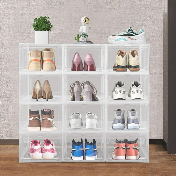 12 Pack Clear Shoe Boxs, Acrylic Shoe Storage Box W/ Magnetic Door, Front Door Opening, Stackable Shoe Container, Multifunctional Sneaker Organizer, Acrylic Shoe Display Case 10.63*13.58*7.48in