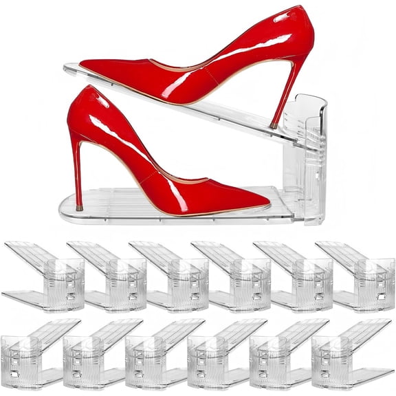 12 Pack Clear Shoe Slots Organizer - Adjustable Height 3.7''to 7.7'' Shoe stackers for a pair of shoes ,Shoe rack storage shoe space saver 50%,Easy to assemble shoe hold shoe organizer for cloest