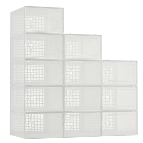 12 Pack Clear Stackable Shoe Boxes, Foldable Plastic Shoe Storage Organizer with Lid, Interlocking Shoe Rack for Closet, Space Saving Shoe Containers, 13.2"x9.25"x5.71", White