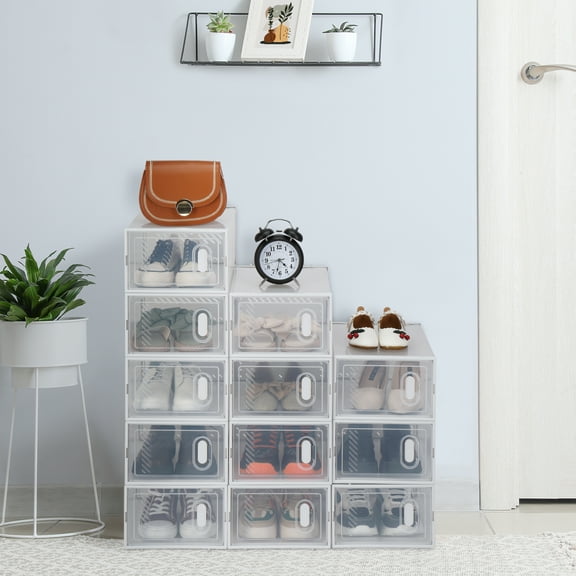 White Stackable Shoe Storage Boxes (12 Pack) - Clear Plastic, Fits US 5-10 Shoes, Space-Saving Design, Ideal for Closet & Bedroom Organization.